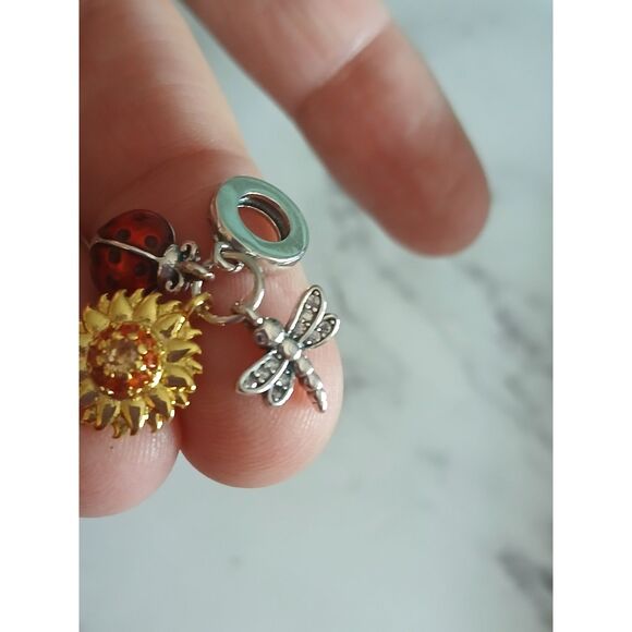 Ladybug Sunflower and Dragonfly Tri Dangle Charm S925 Silver 14K Gold Plated - Picture 6 of 11